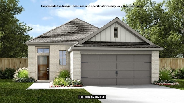 view of front of property featuring fence, brick siding, board and batten siding, and concrete driveway