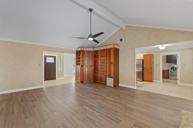 531 Dennis Dr, Round Rock, TX 78664 - unfurnished living room with ceiling fan, washer / clothes dryer, light wood-style floors, beamed ceiling, and high vaulted ceiling