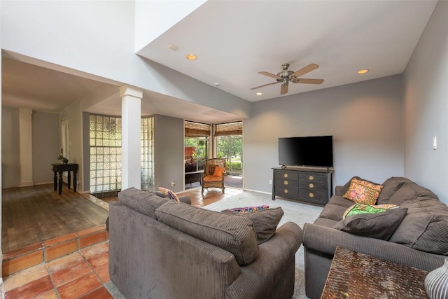 5900 Nasco Dr, Austin, TX 78757 - living room with a ceiling fan, recessed lighting, decorative columns, baseboards, and light tile patterned floors
