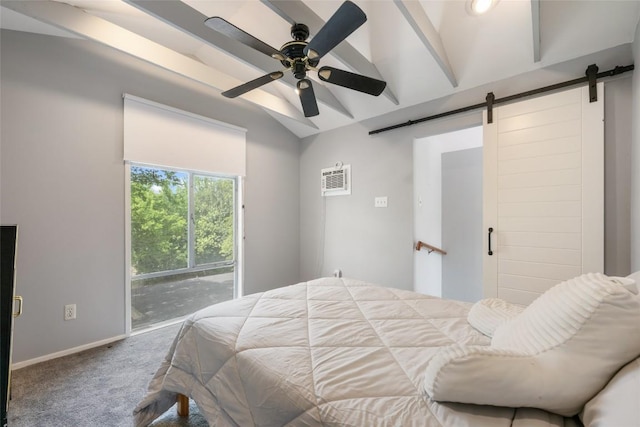 5900 Nasco Dr, Austin, TX 78757 - bedroom with lofted ceiling, a barn door, carpet flooring, access to exterior, and baseboards