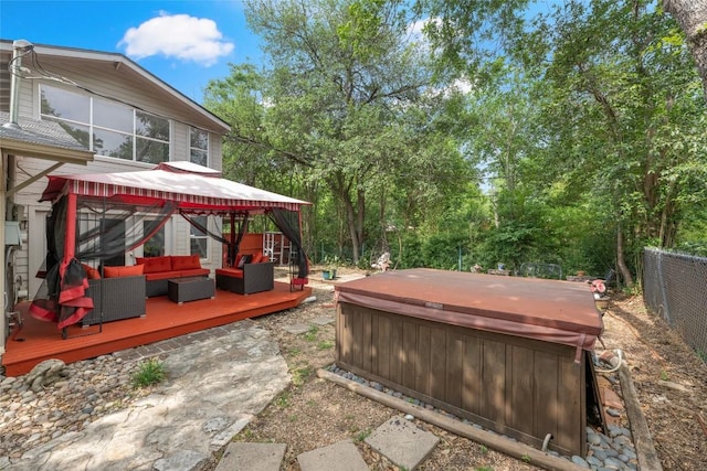 5900 Nasco Dr, Austin, TX 78757 - view of yard featuring a hot tub, an outdoor hangout area, a gazebo, a deck, and fence