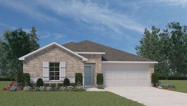 ranch-style home featuring a garage, concrete driveway, a front yard, stone siding, and a shingled roof