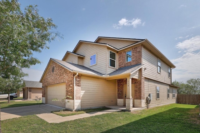 view of front facade with brick siding, driveway, an attached garage, and roof with shingles