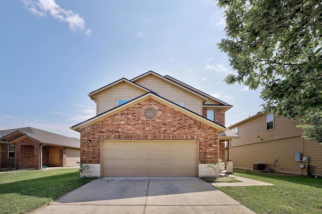 traditional home with brick siding, driveway, a front yard, cooling unit, and a garage