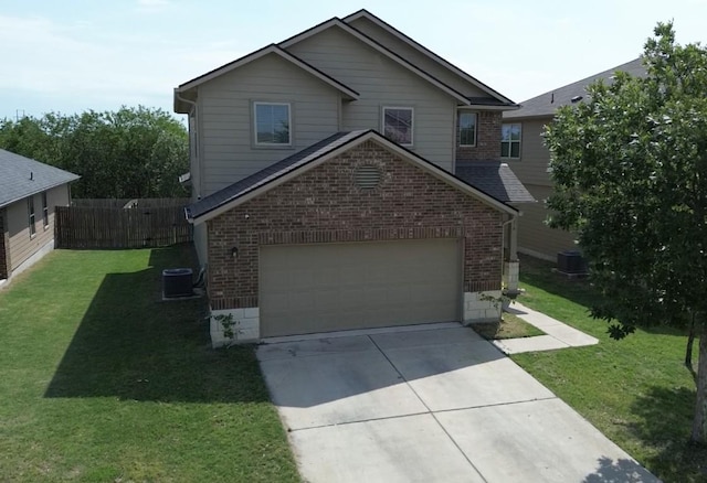 traditional-style house featuring brick siding, concrete driveway, and central air condition unit