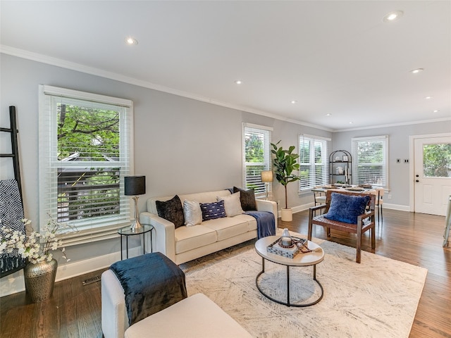 701 Bouldin Ave, Austin, TX 78704 - living room featuring healthy amount of natural light, recessed lighting, ornamental molding, and wood finished floors