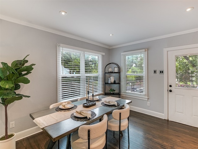 701 Bouldin Ave, Austin, TX 78704 - dining room featuring crown molding, dark wood-style flooring, and recessed lighting
