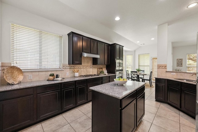 4924 Pyrenees Pass, Bee Cave, TX 78738 - kitchen featuring under cabinet range hood, stainless steel appliances, backsplash, light stone counters, and vaulted ceiling
