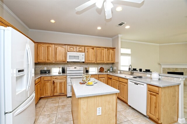 212 Yukon Ter, Georgetown, TX 78633 - kitchen featuring white appliances, a peninsula, a sink, ornamental molding, and light countertops