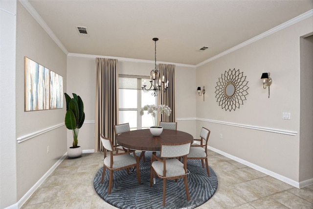212 Yukon Ter, Georgetown, TX 78633 - dining area with crown molding, a chandelier, baseboards, and light tile patterned floors