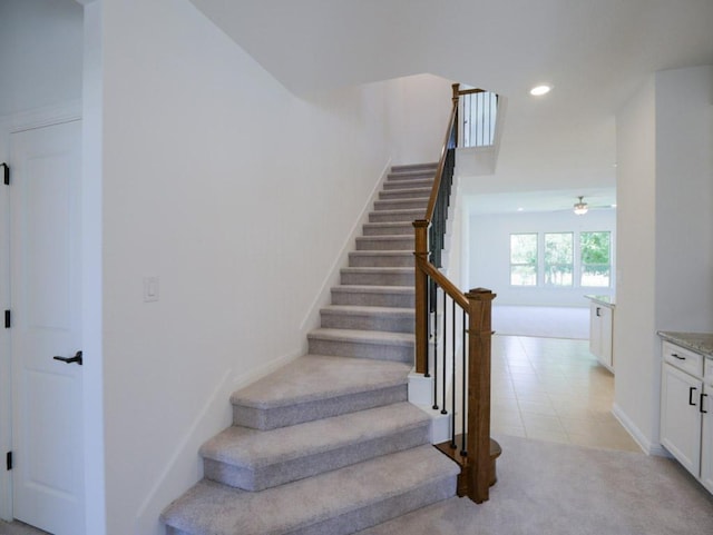 1709 Cayuga St, Leander, TX 78641 - stairs featuring ceiling fan, recessed lighting, baseboards, and carpet floors