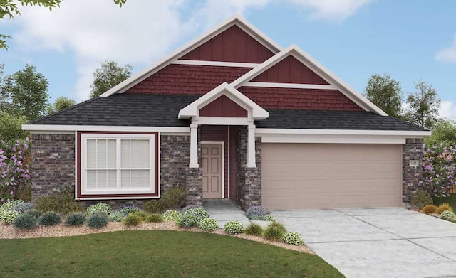craftsman-style house with an attached garage, concrete driveway, board and batten siding, a front lawn, and a shingled roof