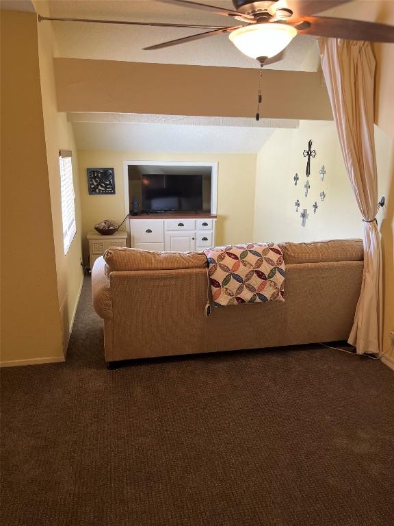 103 Island Dr Unit 8, Horseshoe Bay, TX 78657 - living room featuring a ceiling fan and dark carpet