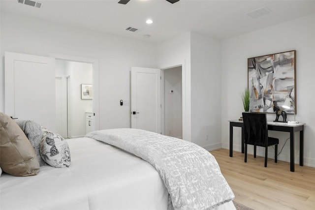 TBD Rust Ranch Rd, Blanco, TX 78606 - bedroom featuring light wood-style flooring, baseboards, recessed lighting, ceiling fan, and ensuite bathroom