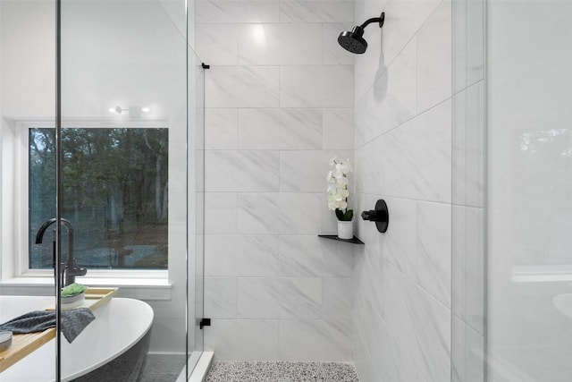 TBD Rust Ranch Rd, Blanco, TX 78606 - bathroom with a stall shower, a freestanding bath, and a sink