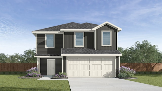 traditional home with driveway, board and batten siding, an attached garage, and a shingled roof