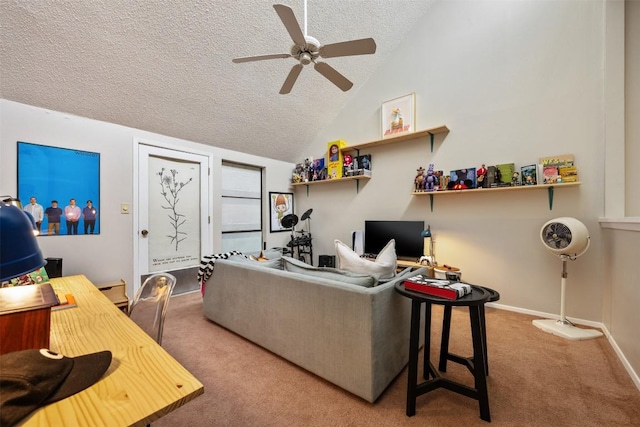 living area featuring a ceiling fan, a textured ceiling, carpet, and an office area