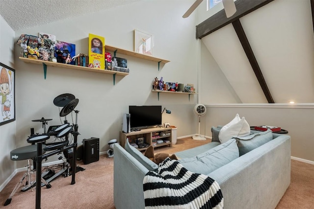 living room with carpet, vaulted ceiling, baseboards, a textured ceiling, and a ceiling fan