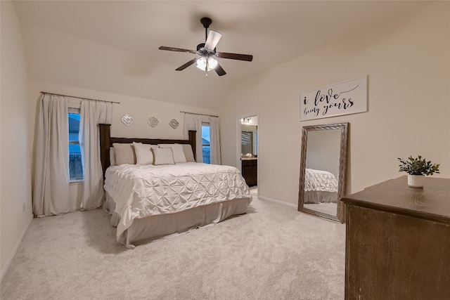 13417 Larrys Ln, Manchaca, TX 78652 - bedroom featuring carpet flooring, lofted ceiling, baseboards, and a ceiling fan