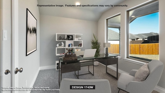 office area featuring baseboards, carpet floors, and vaulted ceiling