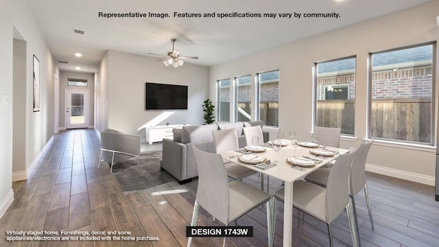 dining space featuring wood finished floors, baseboards, recessed lighting, and ceiling fan