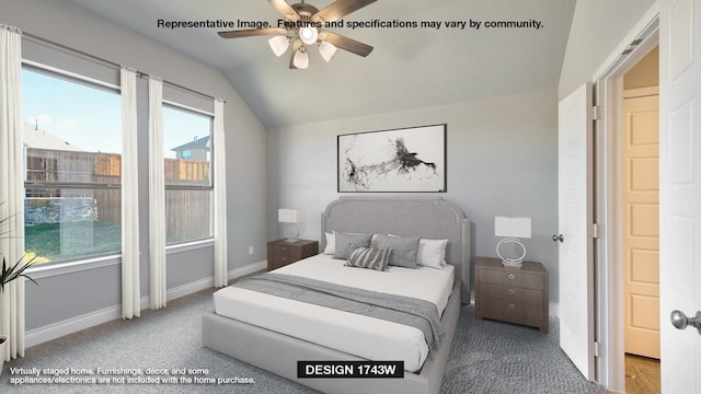 carpeted bedroom featuring vaulted ceiling, multiple windows, baseboards, and ceiling fan