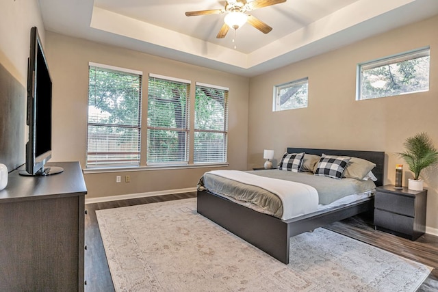 6419 Ira Ingram Dr, Austin, TX 78749 - bedroom featuring wood finished floors, a raised ceiling, and a ceiling fan