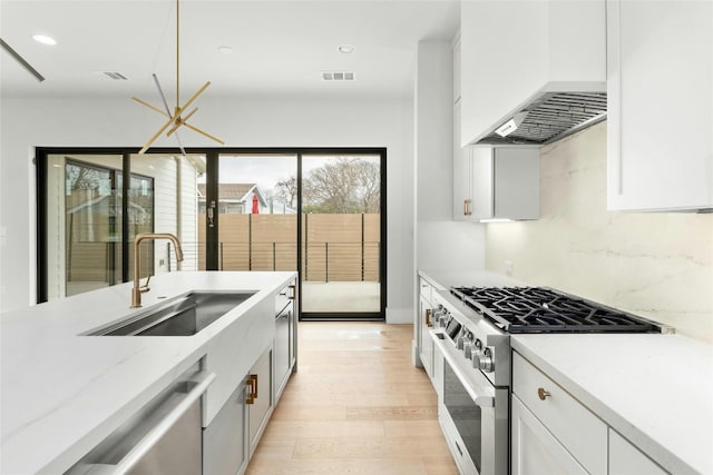 1719 Piedmont Ave, Austin, TX 78757 - kitchen with stainless steel appliances, a sink, wall chimney exhaust hood, light wood-style floors, and white cabinetry