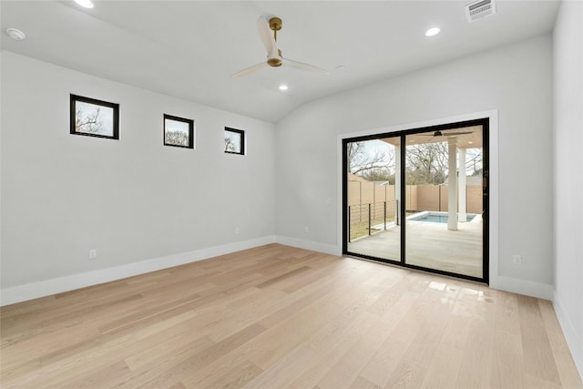 1719 Piedmont Ave, Austin, TX 78757 - unfurnished room with ceiling fan, light wood-type flooring, recessed lighting, baseboards, and vaulted ceiling