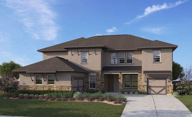 108 Rocky River Rd, Georgetown, TX 78628 - view of front of home with stone siding, stucco siding, a front lawn, and driveway