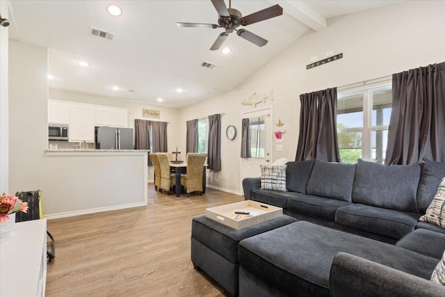 113 Lcr 913, Jewett, TX 75846 - living area with beam ceiling, light wood-type flooring, a ceiling fan, recessed lighting, and high vaulted ceiling