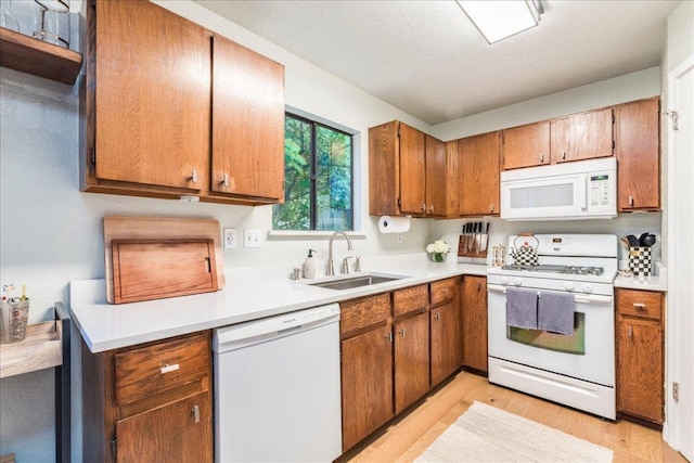 12005 Thompkins Dr, Austin, TX 78753 - kitchen featuring white appliances, brown cabinets, light countertops, and light wood-style floors