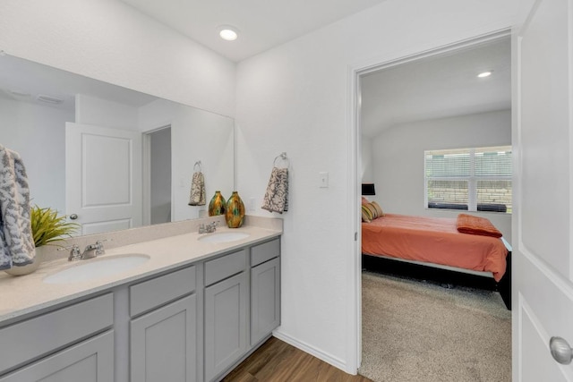 3201 Dusted Daisey St, Pflugerville, TX 78660 - bathroom featuring double vanity, ensuite bathroom, wood finished floors, and recessed lighting