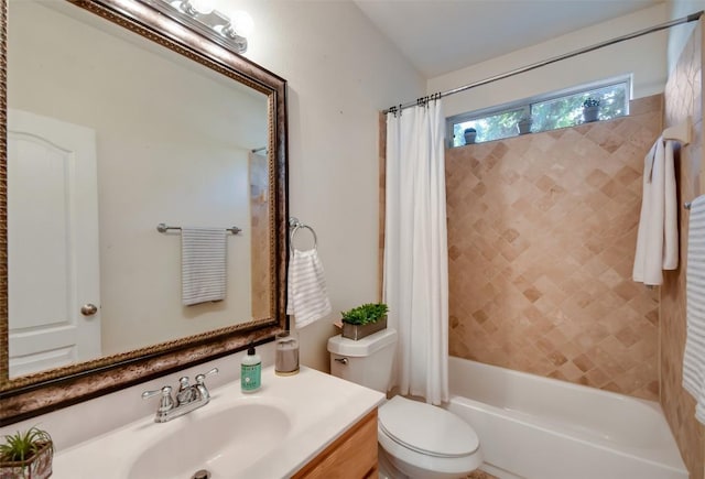 full bath with toilet, shower / tub combo, and vanity