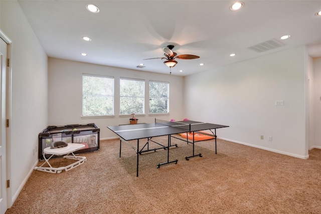 game room with a ceiling fan, recessed lighting, carpet floors, and baseboards