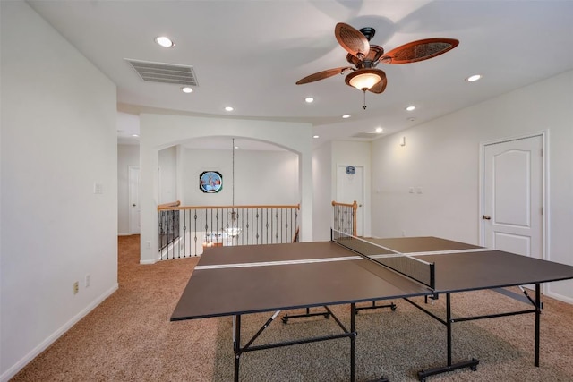 game room featuring carpet flooring, a ceiling fan, recessed lighting, and baseboards
