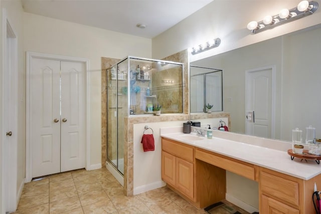 full bath with a shower stall, vanity, and tile patterned floors