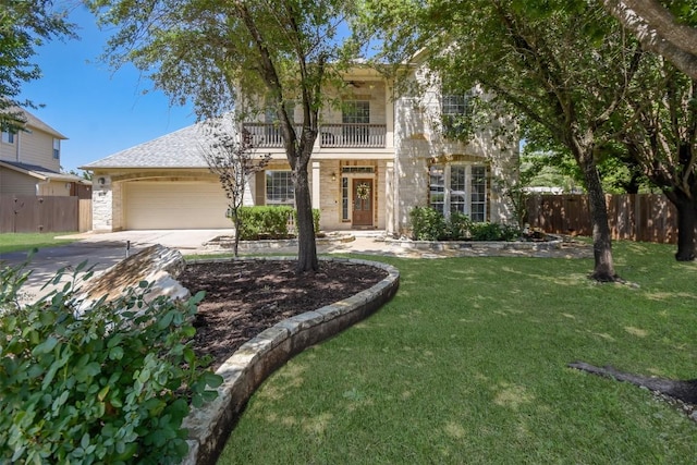 view of front of property with a balcony, stone siding, driveway, and an attached garage