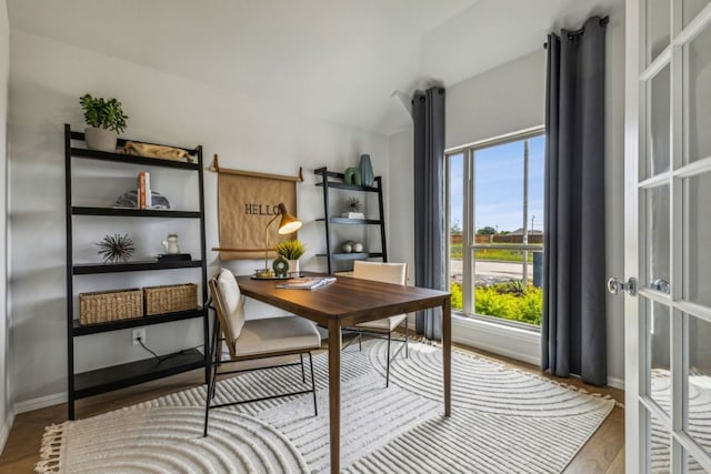 208 Hidalgo Ln, Elgin, TX 78621 - office space with wood finished floors, baseboards, and lofted ceiling