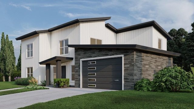view of front of home featuring a front lawn, concrete driveway, and stone siding