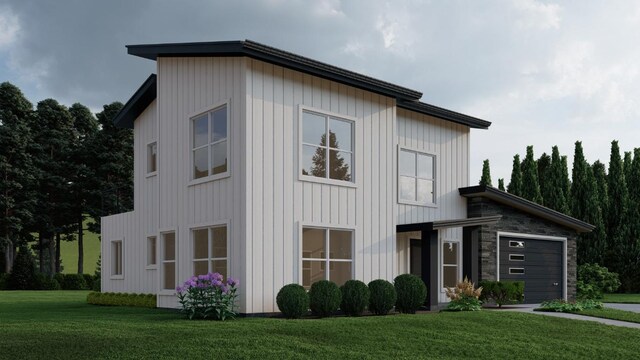 view of side of home with an attached garage, a lawn, and driveway