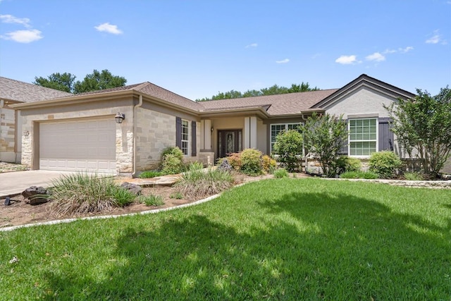 103 Nueces Trl, Georgetown, TX 78633 - ranch-style home with an attached garage, a front yard, concrete driveway, stone siding, and stucco siding