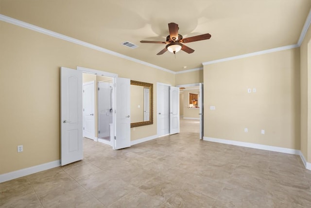 103 Nueces Trl, Georgetown, TX 78633 - unfurnished bedroom with crown molding, baseboards, ensuite bath, and ceiling fan