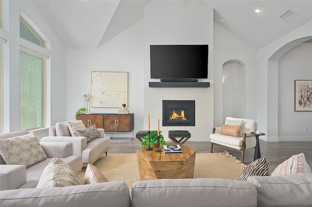 6108 Antelope Well Ln, Austin, TX 78738 - living room with vaulted ceiling, arched walkways, a glass covered fireplace, wood finished floors, and recessed lighting