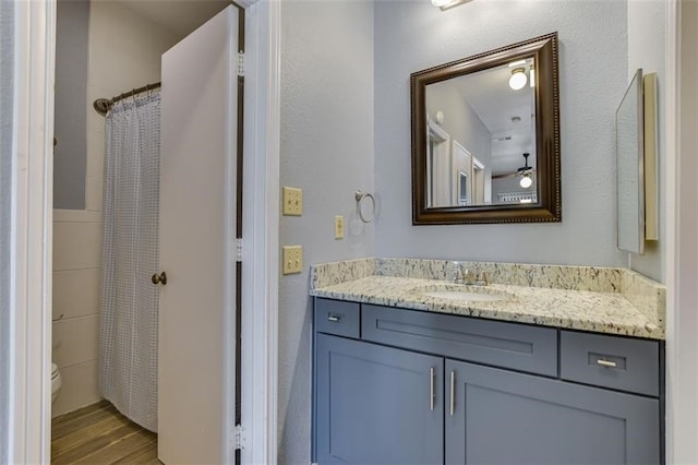 1908 San Antonio St Unit 213, Austin, TX 78705 - full bathroom with vanity, toilet, wood finished floors, and a shower with shower curtain
