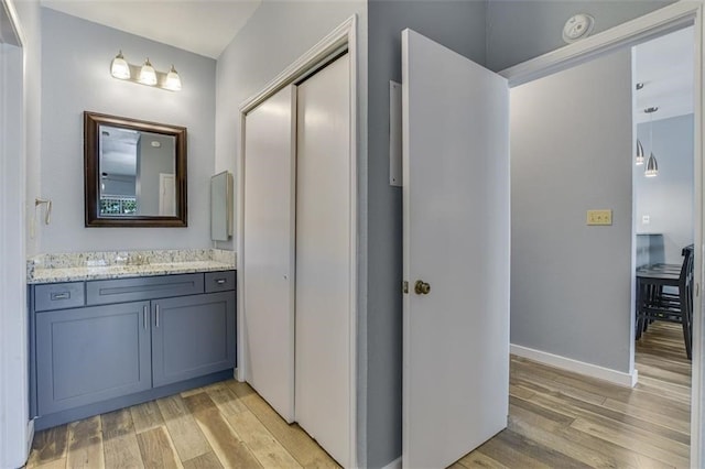 1908 San Antonio St Unit 213, Austin, TX 78705 - bathroom with wood finished floors, vanity, and baseboards