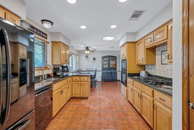 10804 Buckthorn Dr, Austin, TX 78759 - kitchen with black appliances, decorative backsplash, ceiling fan, a peninsula, and recessed lighting