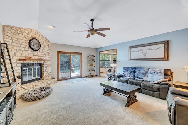 10804 Buckthorn Dr, Austin, TX 78759 - living area with ceiling fan, carpet floors, a brick fireplace, and vaulted ceiling