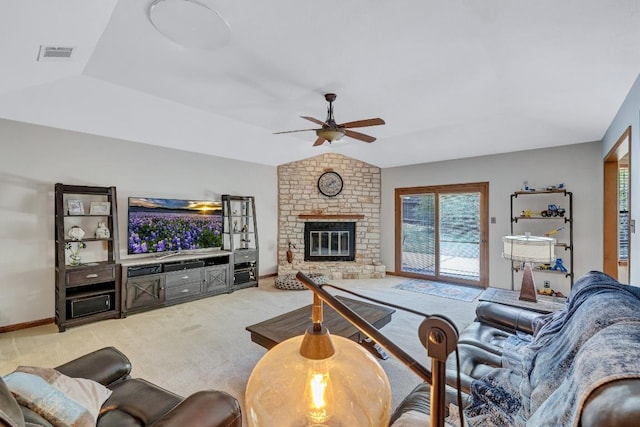 10804 Buckthorn Dr, Austin, TX 78759 - living area with light carpet, a ceiling fan, vaulted ceiling, and a brick fireplace