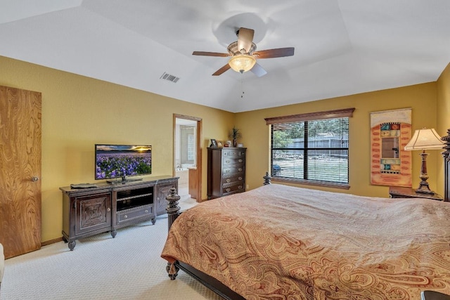 10804 Buckthorn Dr, Austin, TX 78759 - carpeted bedroom featuring a ceiling fan, ensuite bath, and vaulted ceiling